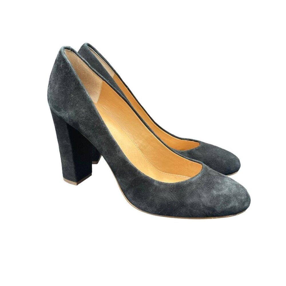 J. Crew Etta Pumps Womens 10 Block Heel Suede High Black Round Toe